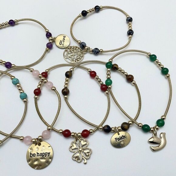 R.L. Graziano Inspire 7 pc Stretch Bracelets Semi Precious Gemstones Charms - Picture 6 of 7